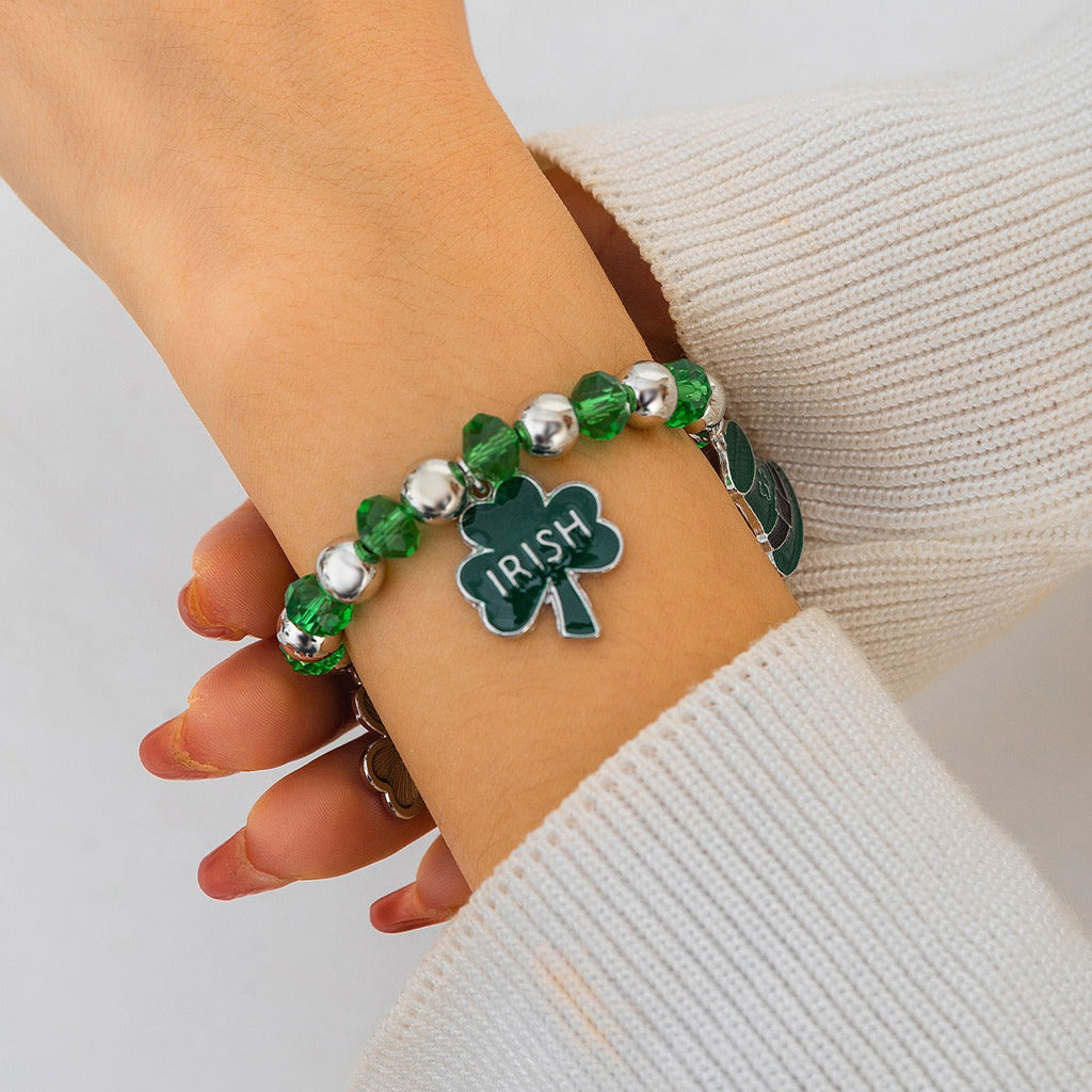 Leafy Clover Letter Bracelet Simple Green Beaded Bracelet