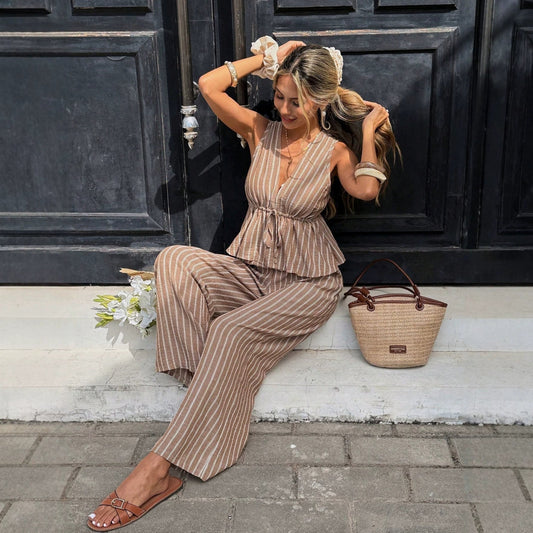 Women's Striped Sleeveless Top & Wide-Leg Pants Two-Piece Set