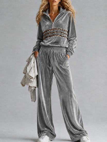 Women's Velvet Half-Zip Leopard Stripe Pullover & Wide-Leg Drawstring Trouser Tracksuit Set