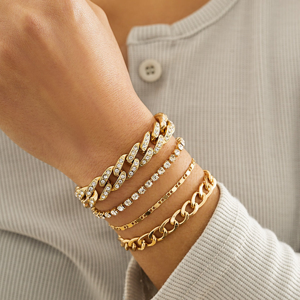 Hip-hop retro diamond-studded Cuban chain bracelet set