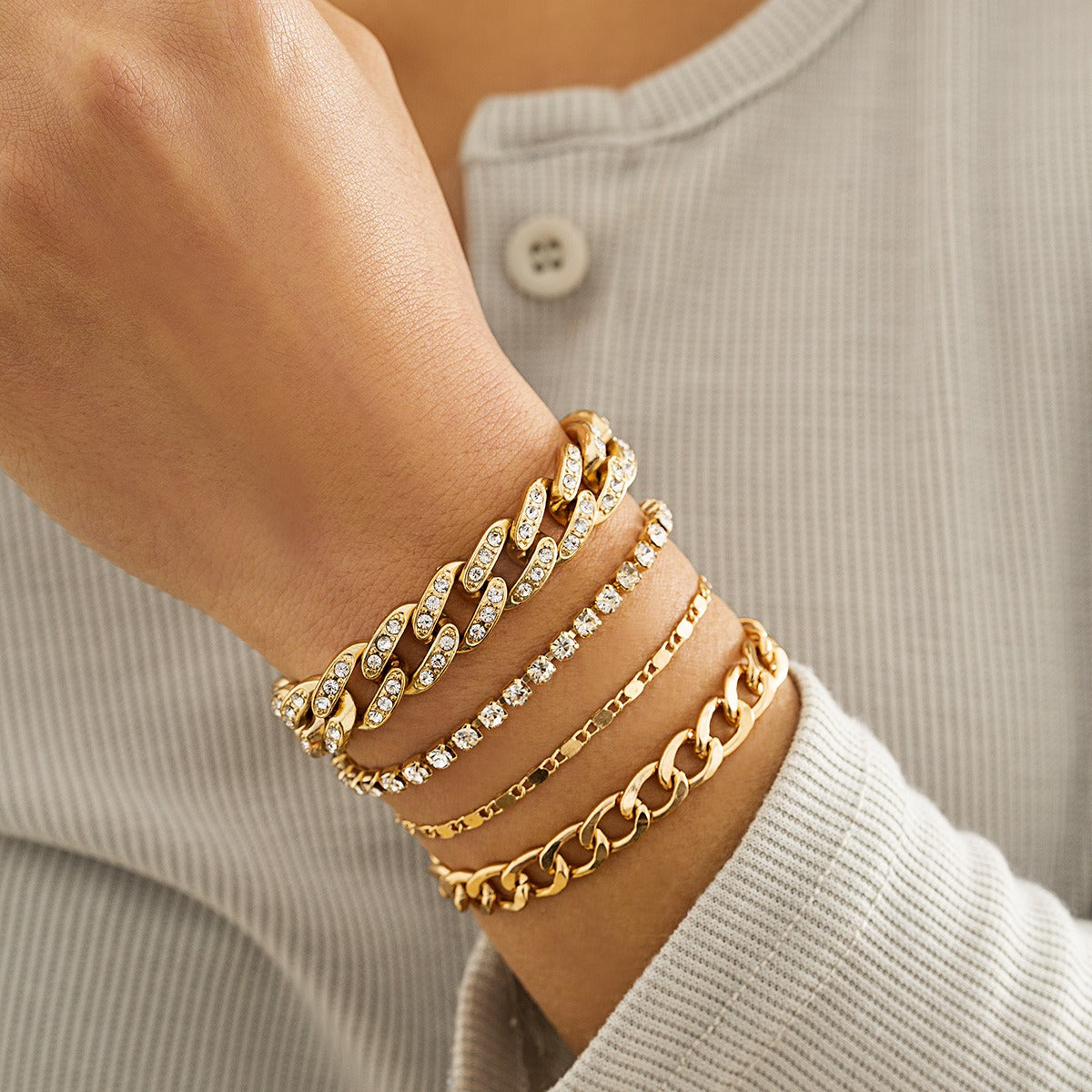 Hip-hop retro diamond-studded Cuban chain bracelet set