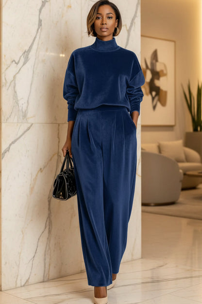 Women's Mock Turtleneck Balloon Sleeve Top & Pleated Wide-Leg Trousers Set