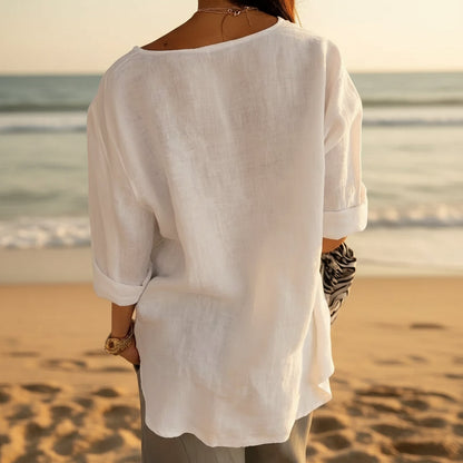 Women's V-Neck Long-Sleeve Button Top – Loose Fit Casual Blouse