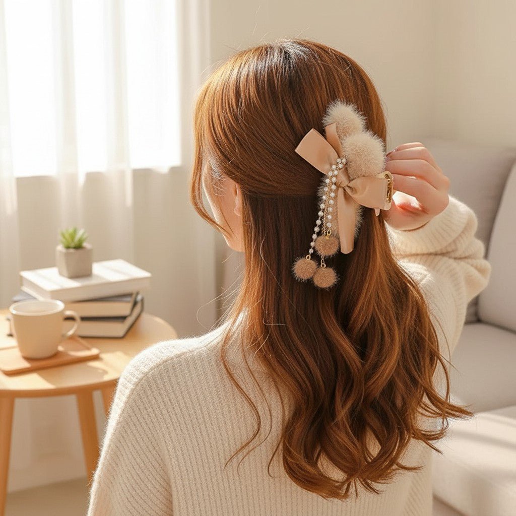 Faux Fur Bow Hair Claw Clips 2 Pack Pearl Dangle Tassel
