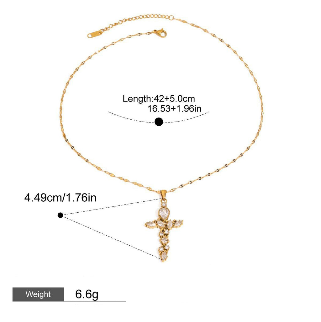 18K Gold Cross Inlaid Gemstone Design Exquisite Fashion Necklace