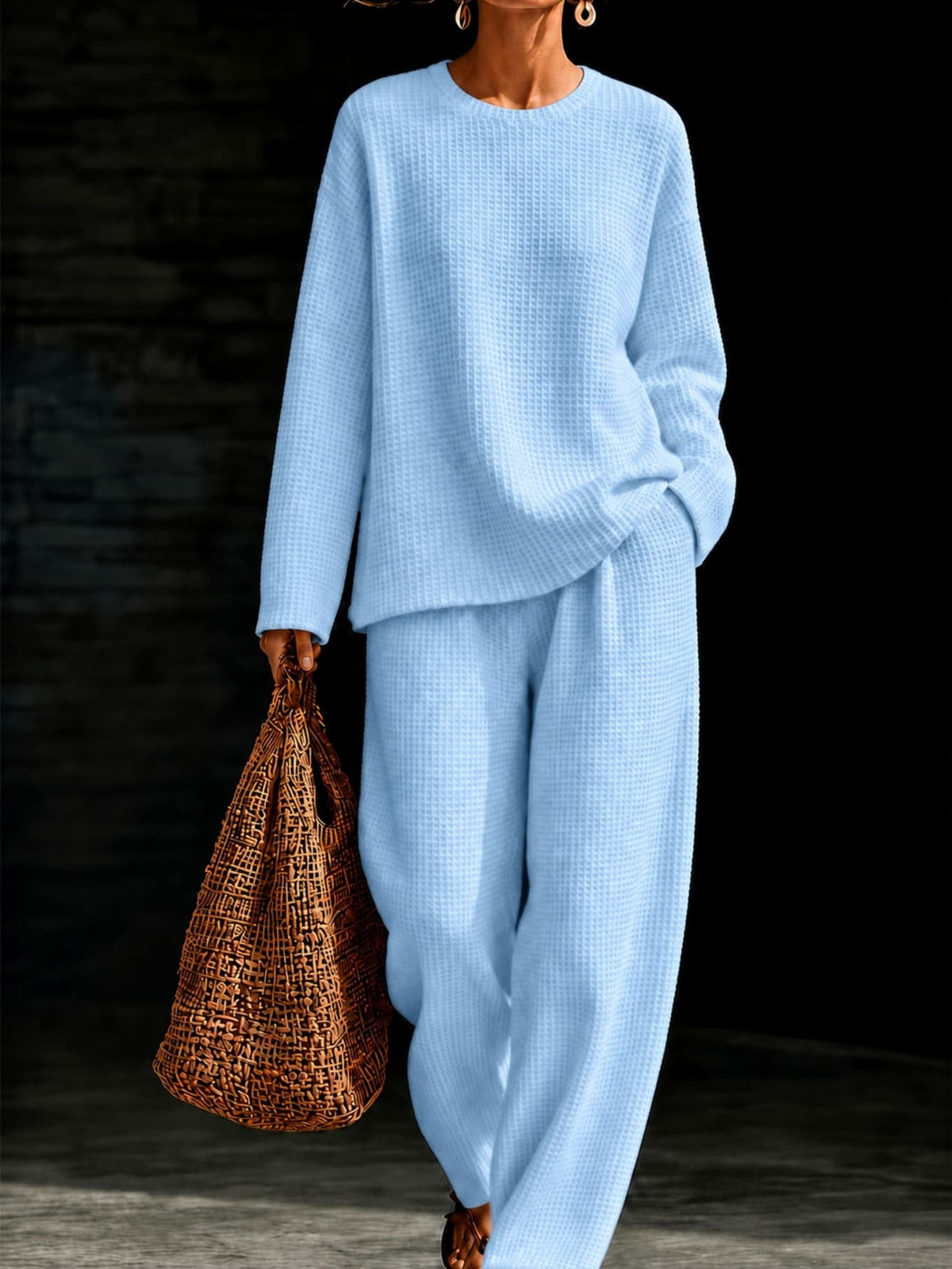 Women's Waffle Knit Oversized Crew-Neck Pullover & Relaxed Wide-Leg Trouser Lounge Co-ord Set