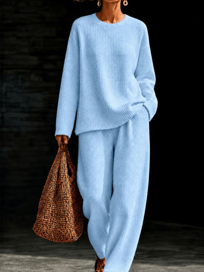Women's Waffle Knit Oversized Crew-Neck Pullover & Relaxed Wide-Leg Trouser Lounge Co-ord Set