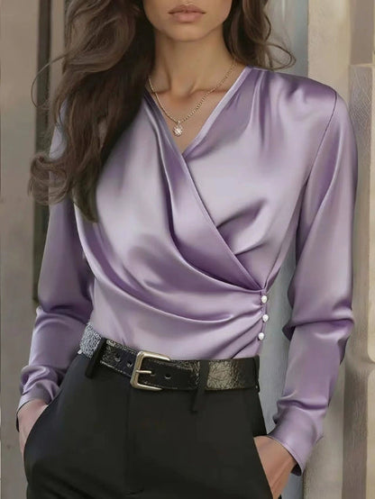 Women's Elegant Cross V-Neck Blouse, Ruffle Detail Button Accent Office Shirt