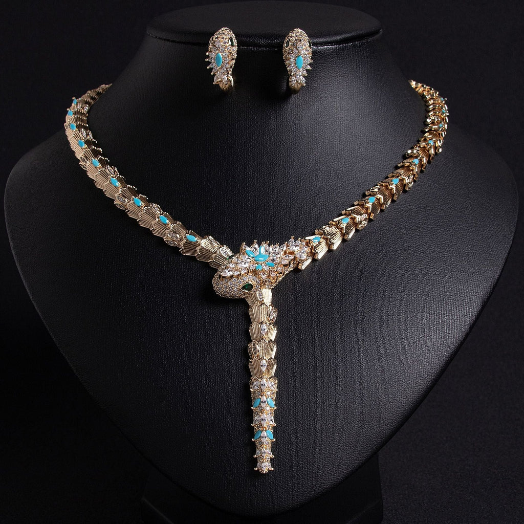 S925 Silver and Zircon Snake-Design Necklace and Earrings Jewelry Set