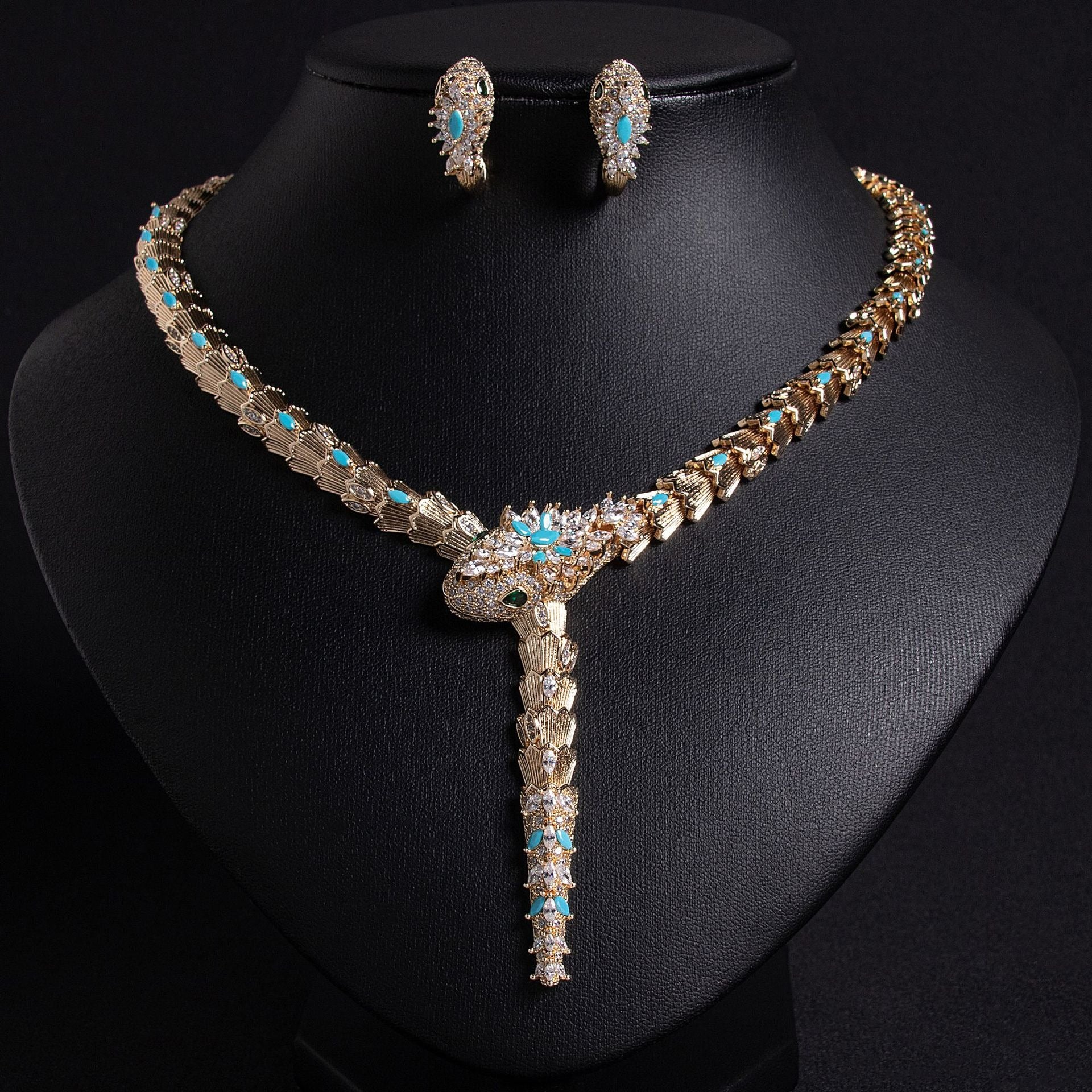 S925 Silver and Zircon Snake-Design Necklace and Earrings Jewelry Set