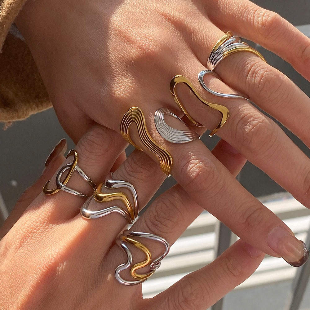 18K gold geometric lines with gold and silver color matching design simple and elegant ring