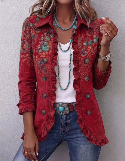Floral Embroidered Ruffle Trim Double-Breasted Boho Jacket