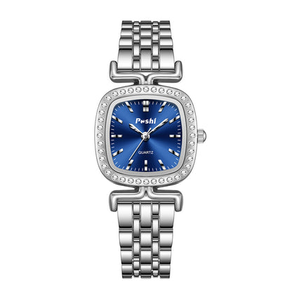 Diamond-encrusted Dial Oval-shaped Steel Bracelet Quartz Womens Watch