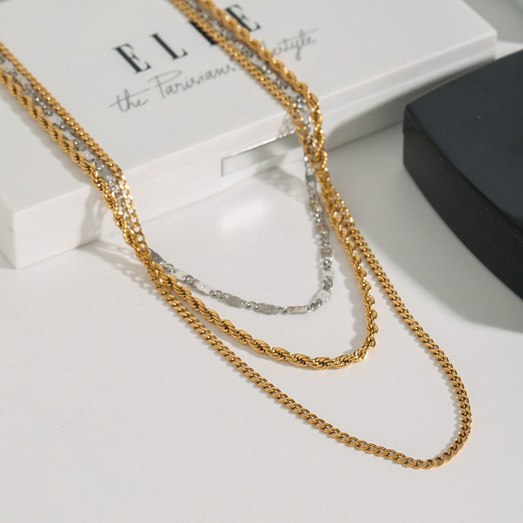 18K gold three-layer chain with gold and silver color matching design, noble and elegant necklace