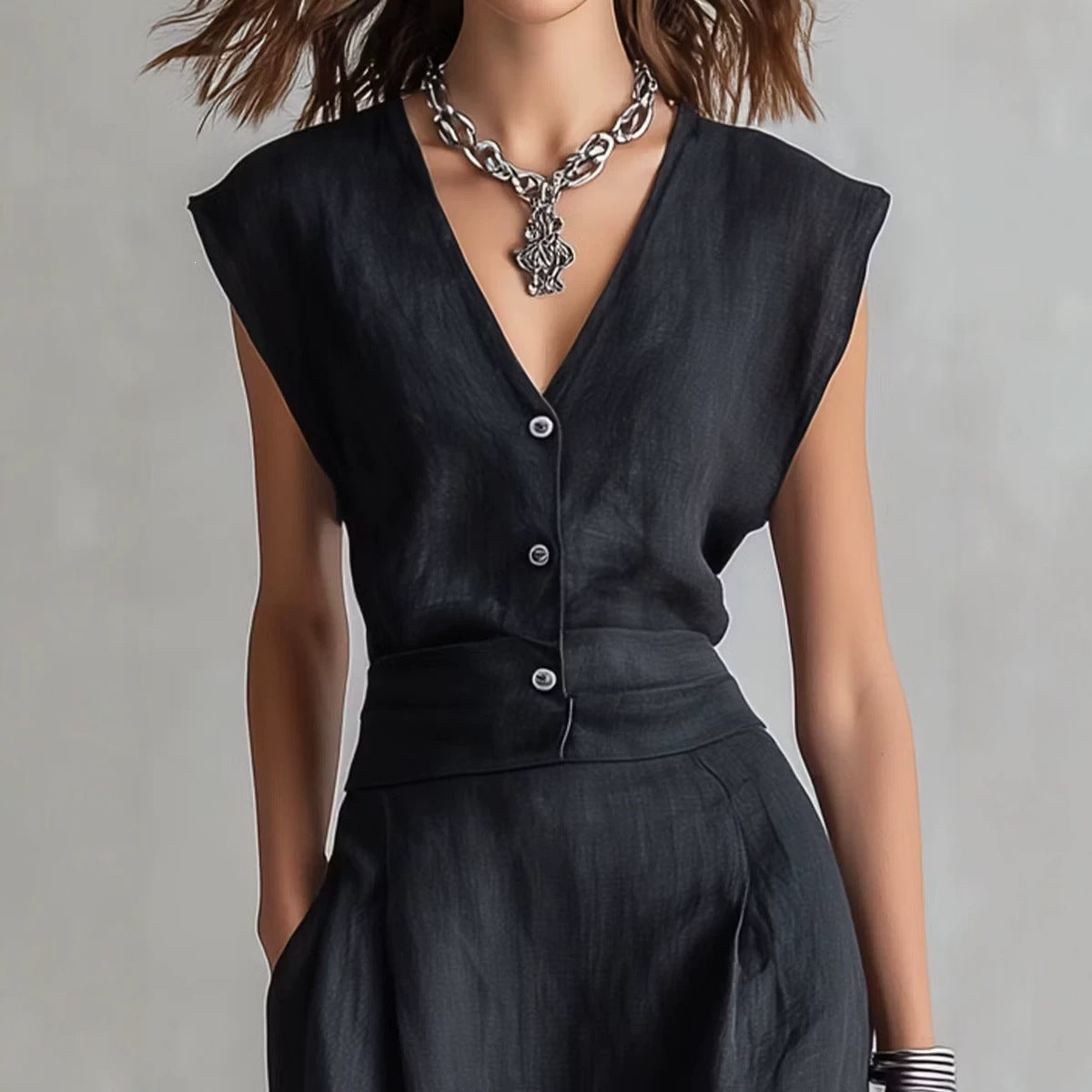 Women's Structured Sleeveless V-Neck Single-Breasted Vest & Wide-Leg Pleated Trousers Set