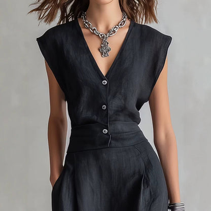 Women's Structured Sleeveless V-Neck Single-Breasted Vest & Wide-Leg Pleated Trousers Set