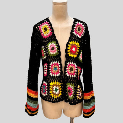 Hand-Crocheted Floral Cardigan Sweater | Boho Open Front Knit Top