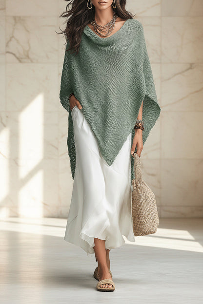 Women's Open-Knit Asymmetric Cape & Ruched V-Neck Fluid Maxi Dress Set