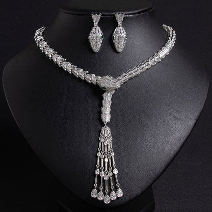 Serpentine Teardrop Tassel Zircon Earrings & Necklace Set