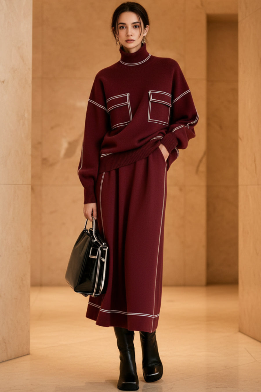 Women's Turtleneck Balloon-Sleeve Knit Top & A-Line Midi Skirt Set with Contrast Topstitching
