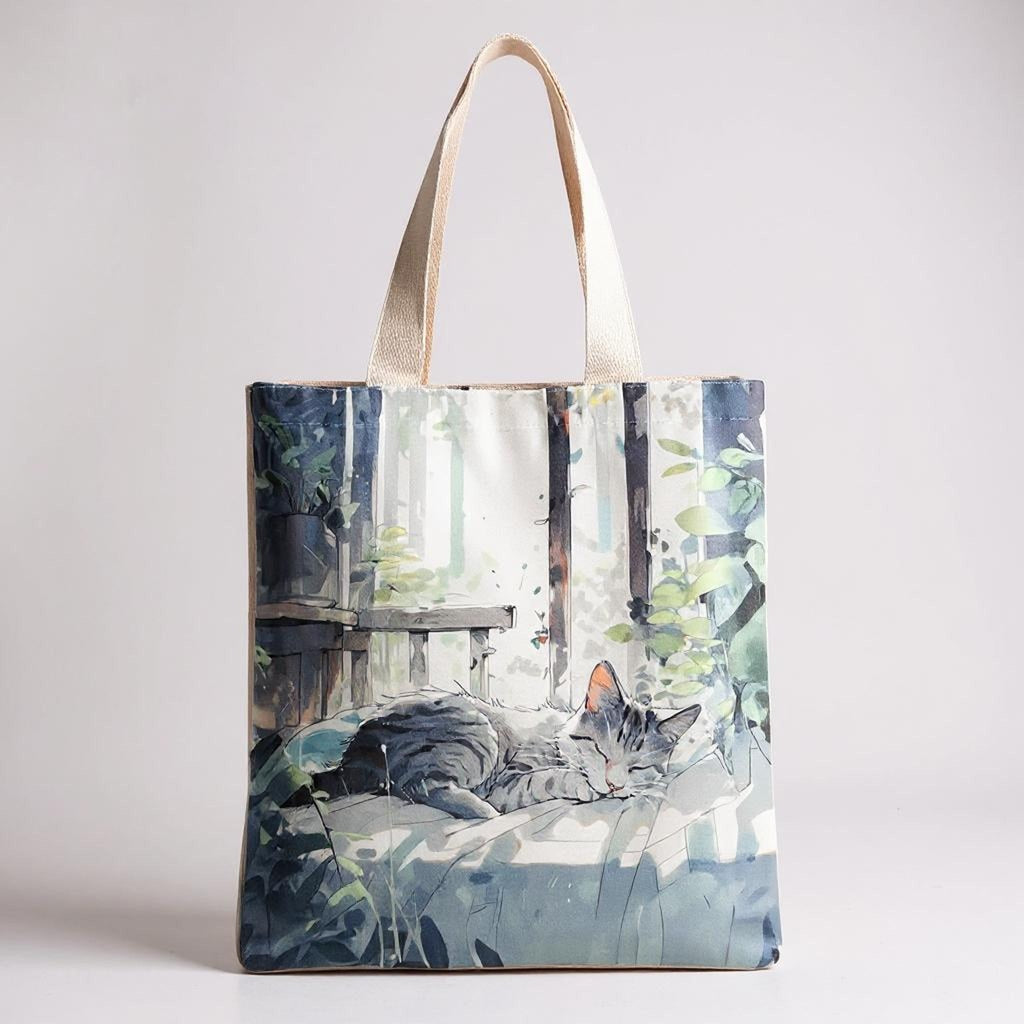 Flannel Cat Tote Bag – Zippered, Two-Sided Printed Shoulder Bag