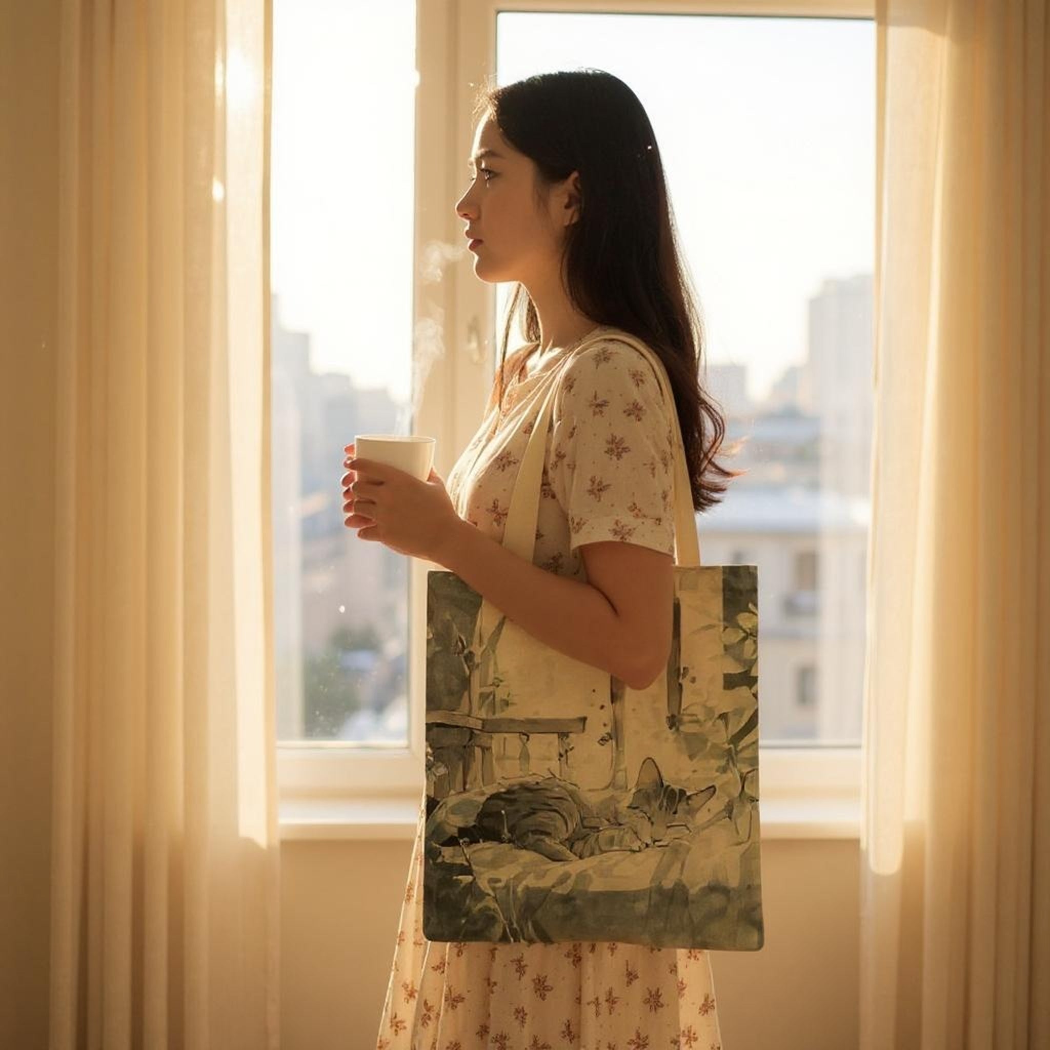 Flannel Cat Tote Bag – Zippered, Two-Sided Printed Shoulder Bag