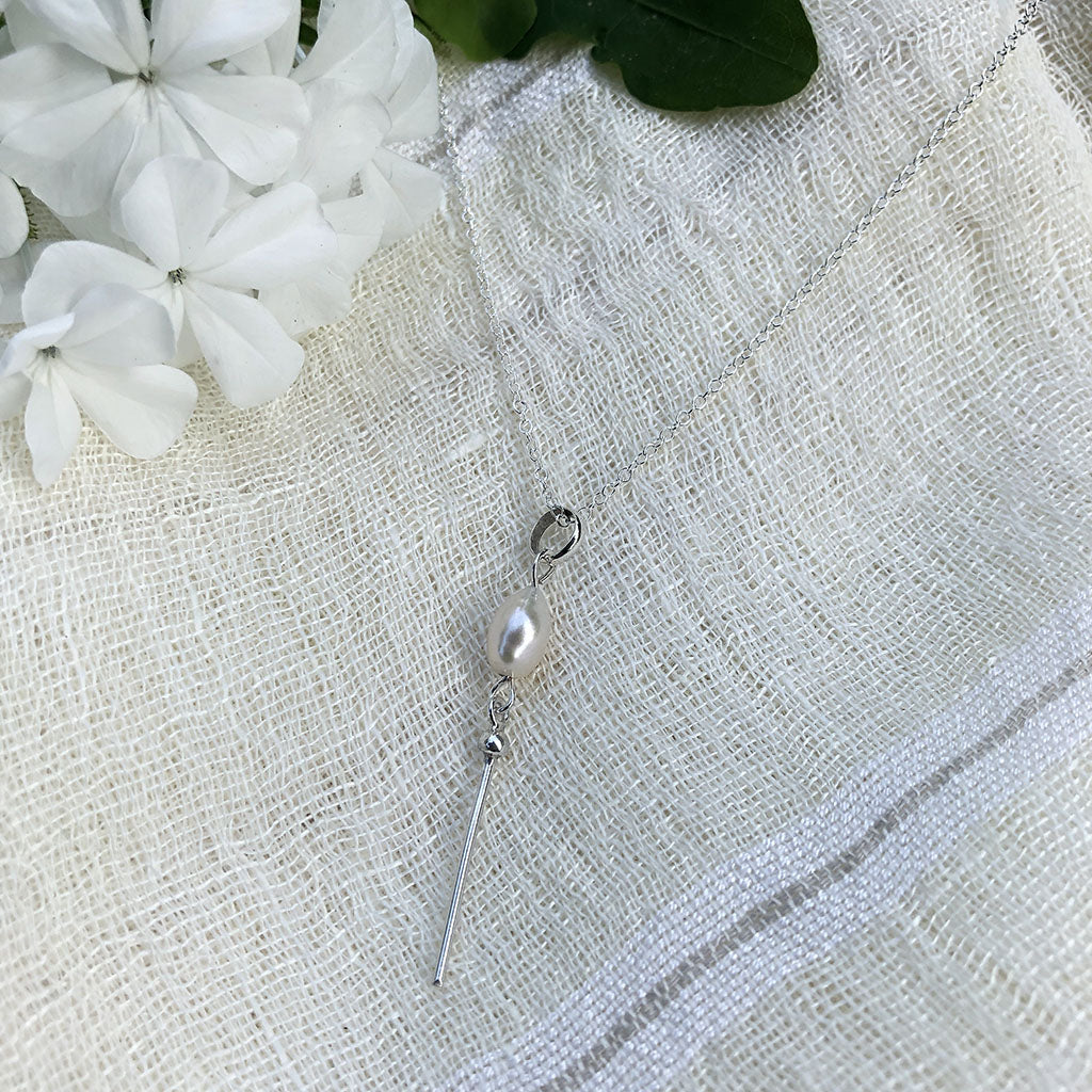 Freshwater Pearl Bar Necklace Sterling Silver Dainty Minimal 20in Chain 1.75in