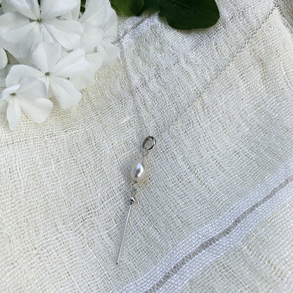 Freshwater Pearl Bar Necklace Sterling Silver Dainty Minimal 20in Chain 1.75in