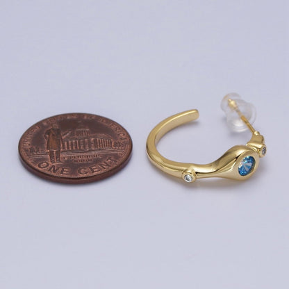 Gold Blue CZ Round Geometric 20mm C-Shaped Hoops Earrings | AD199