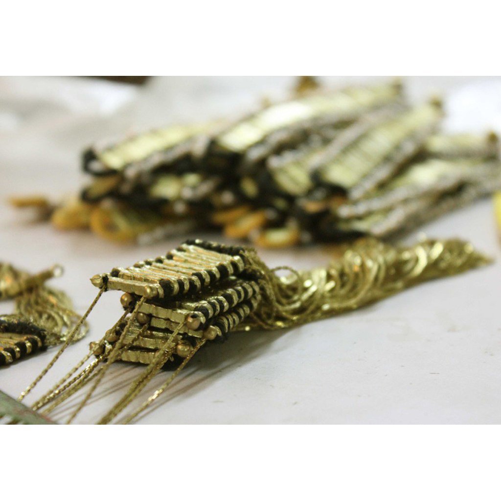 Double Tassel Statement Necklace Cotton Tassel Metal Fringe 32in Chain Handmade