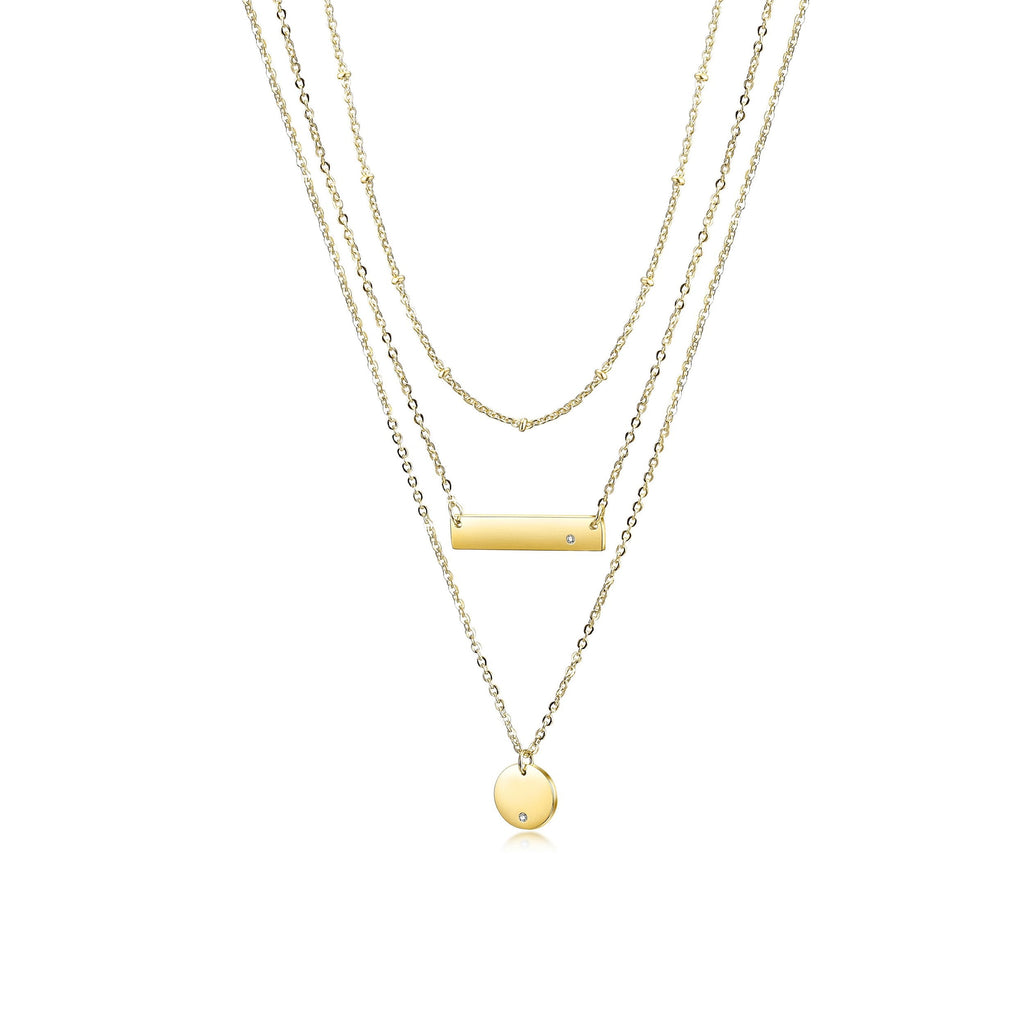 Gold Triple Layered Pendant Necklace Minimal Bar Disc