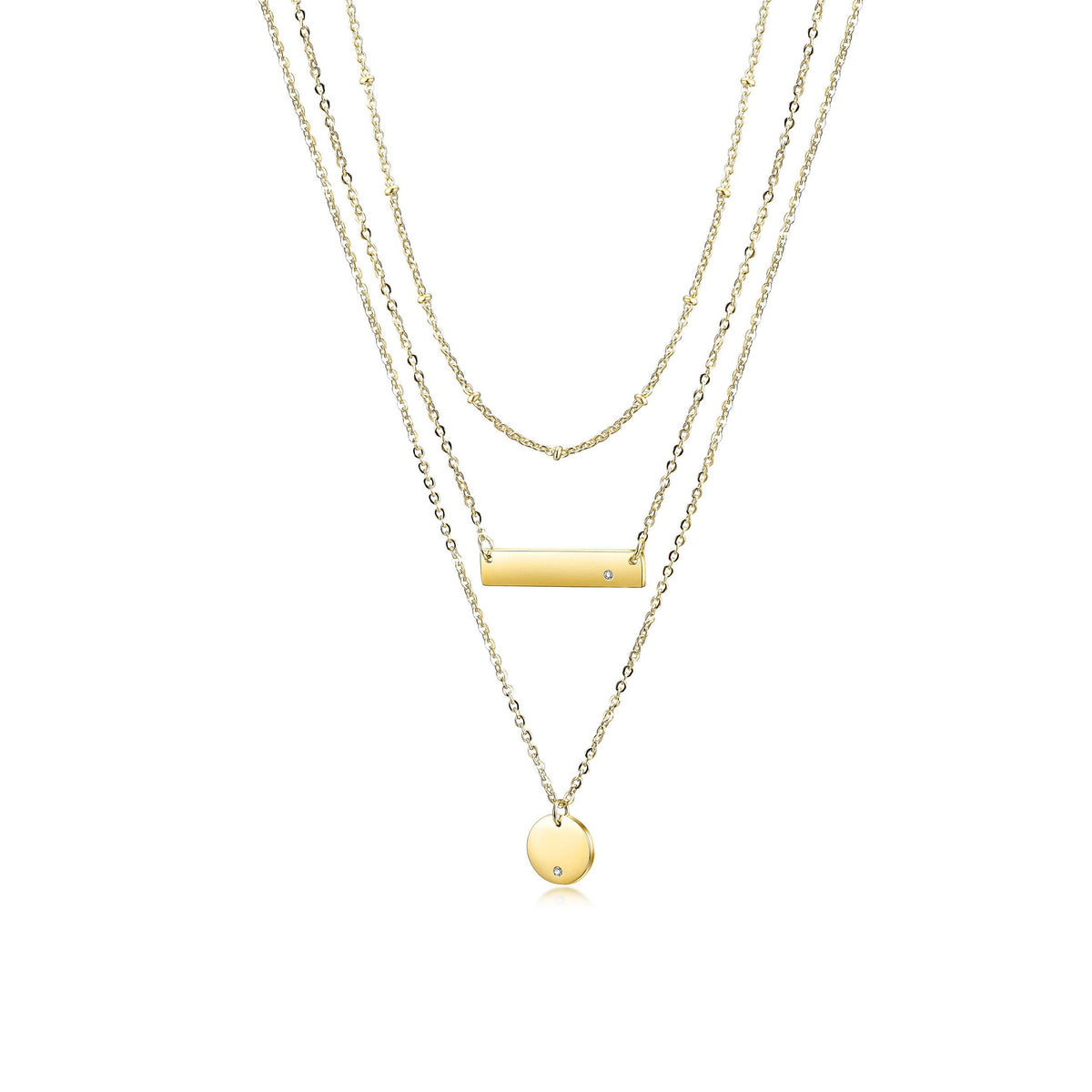 Gold Triple Layered Pendant Necklace Minimal Bar Disc