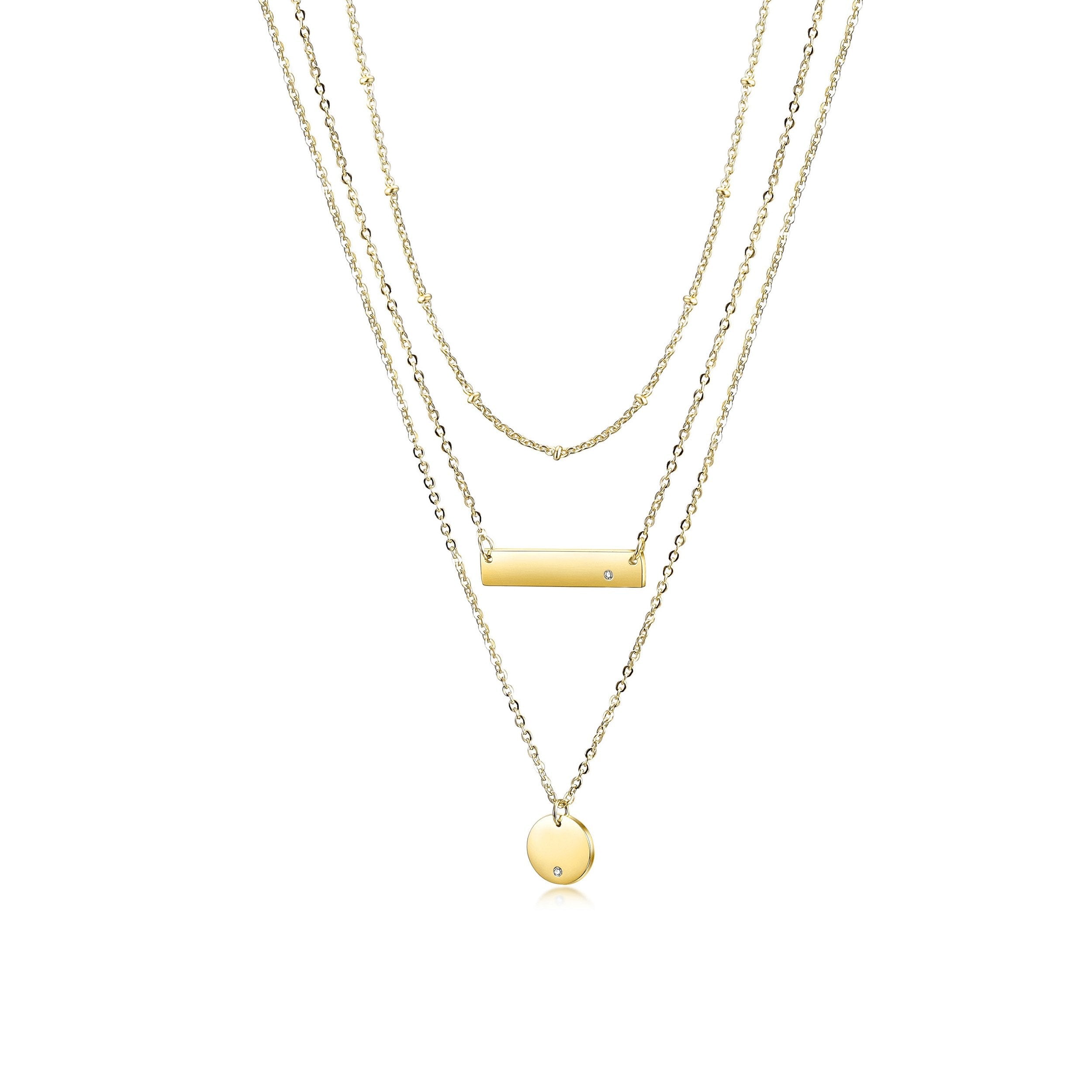 Gold Triple Layered Pendant Necklace Minimal Bar Disc