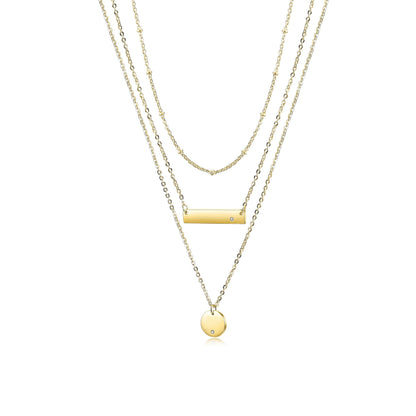 Gold Triple Layered Pendant Necklace Minimal Bar Disc