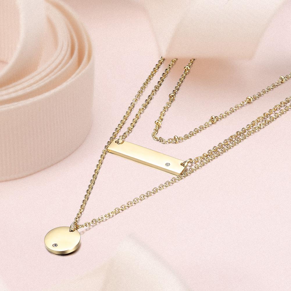 Gold Triple Layered Pendant Necklace Minimal Bar Disc