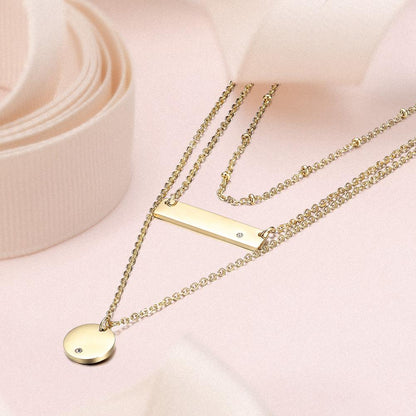 Gold Triple Layered Pendant Necklace Minimal Bar Disc
