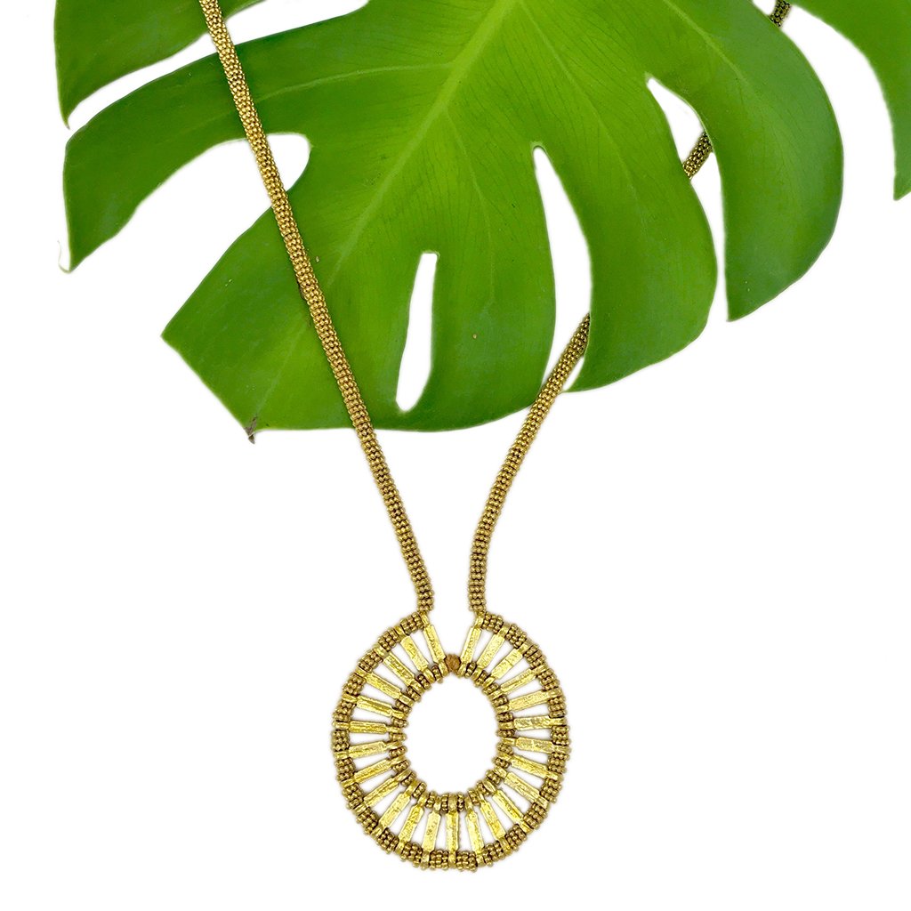 Golden Halo Necklace Handmade Metal Bead Cotton Thread Boho Indian Pendant