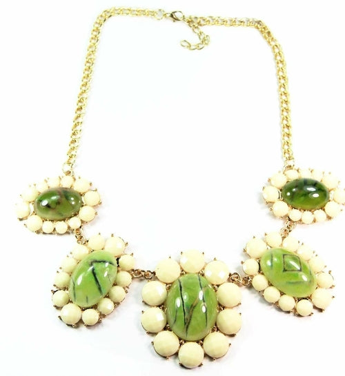 Green Floral Statement Necklace Gold Chain Bib Adjustable