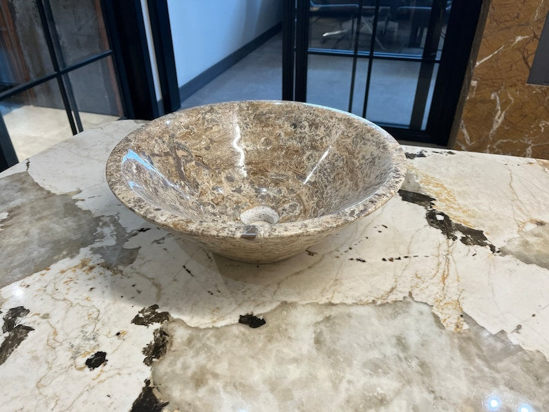 Valencia Travertine Conical Stone Vessel Sink Handmade Carved