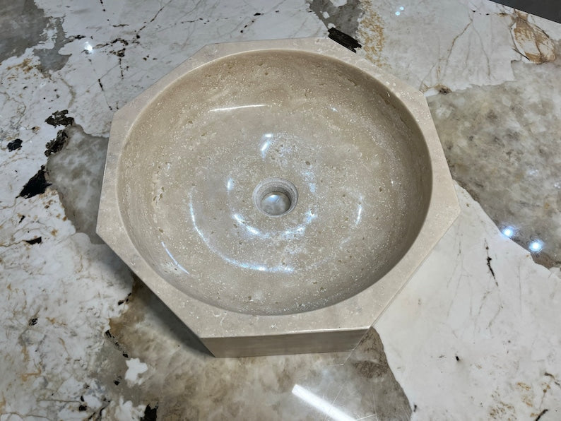 Handmade Turkish Travertine Octagon Bathroom Sink Hand Carved
