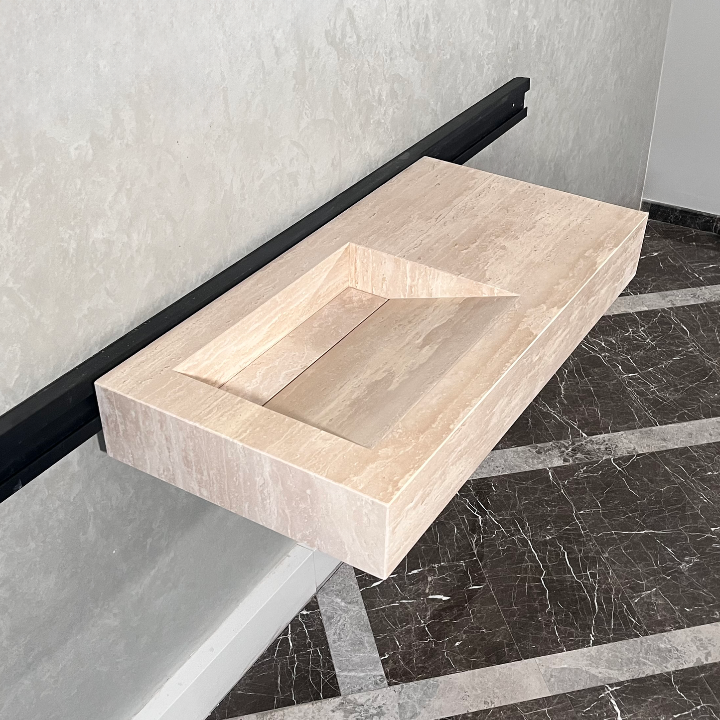 Beige Travertine Sink Handcrafted with Natural Vein Cut Design