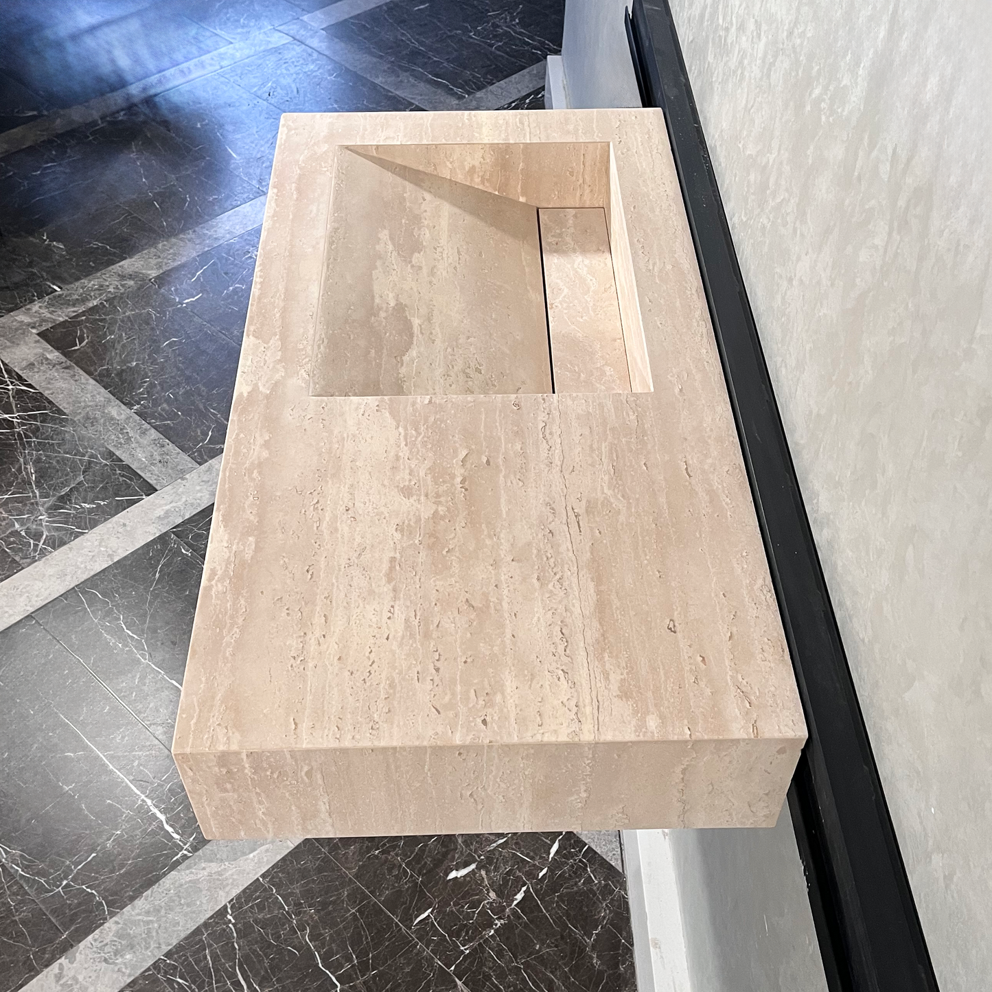 Beige Travertine Sink Handcrafted with Natural Vein Cut Design