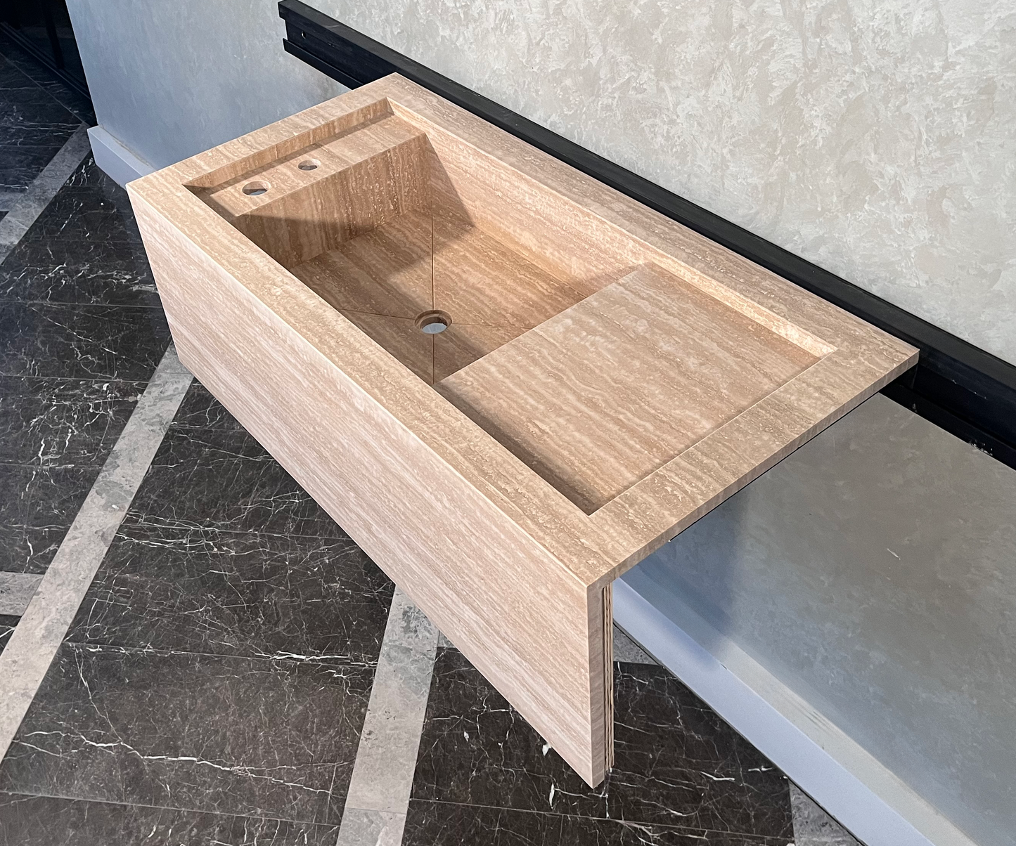 Beige Travertine Stone Handcrafted Custom Bathroom Sink with Natural Stone Veining