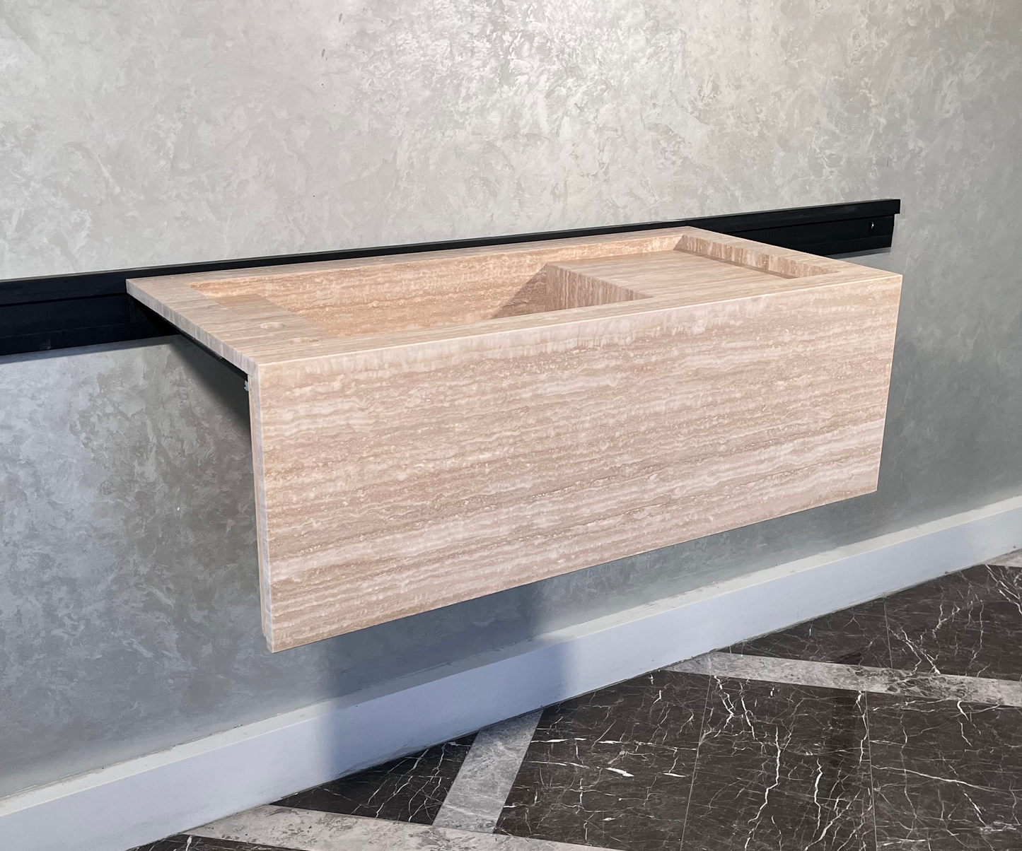 Beige Travertine Stone Handcrafted Custom Bathroom Sink with Natural Stone Veining