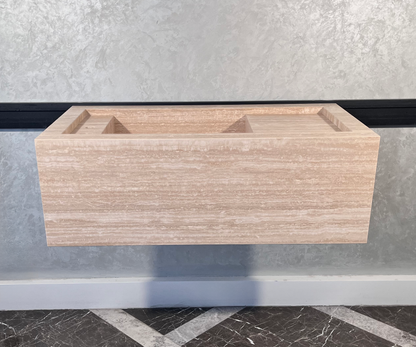 Beige Travertine Stone Handcrafted Custom Bathroom Sink with Natural Stone Veining