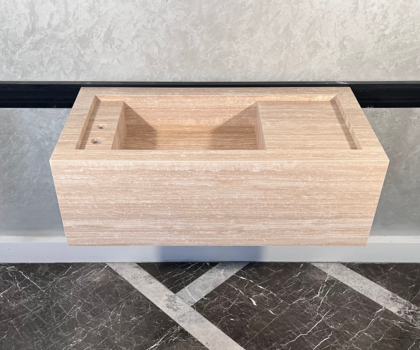 Beige Travertine Stone Handcrafted Custom Bathroom Sink with Natural Stone Veining