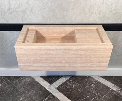 Beige Travertine Stone Handcrafted Custom Bathroom Sink with Natural Stone Veining