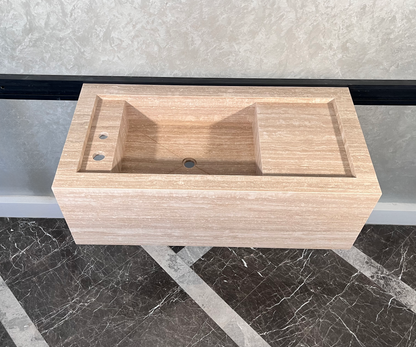 Beige Travertine Stone Handcrafted Custom Bathroom Sink with Natural Stone Veining