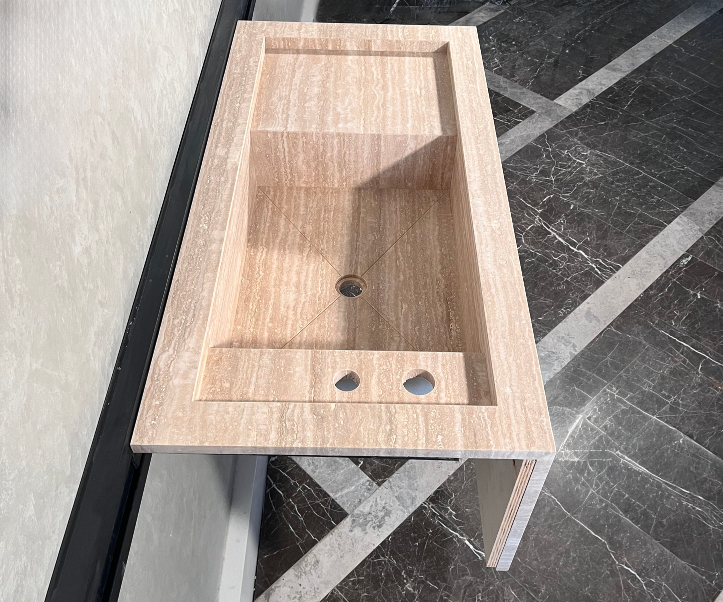 Beige Travertine Stone Handcrafted Custom Bathroom Sink with Natural Stone Veining