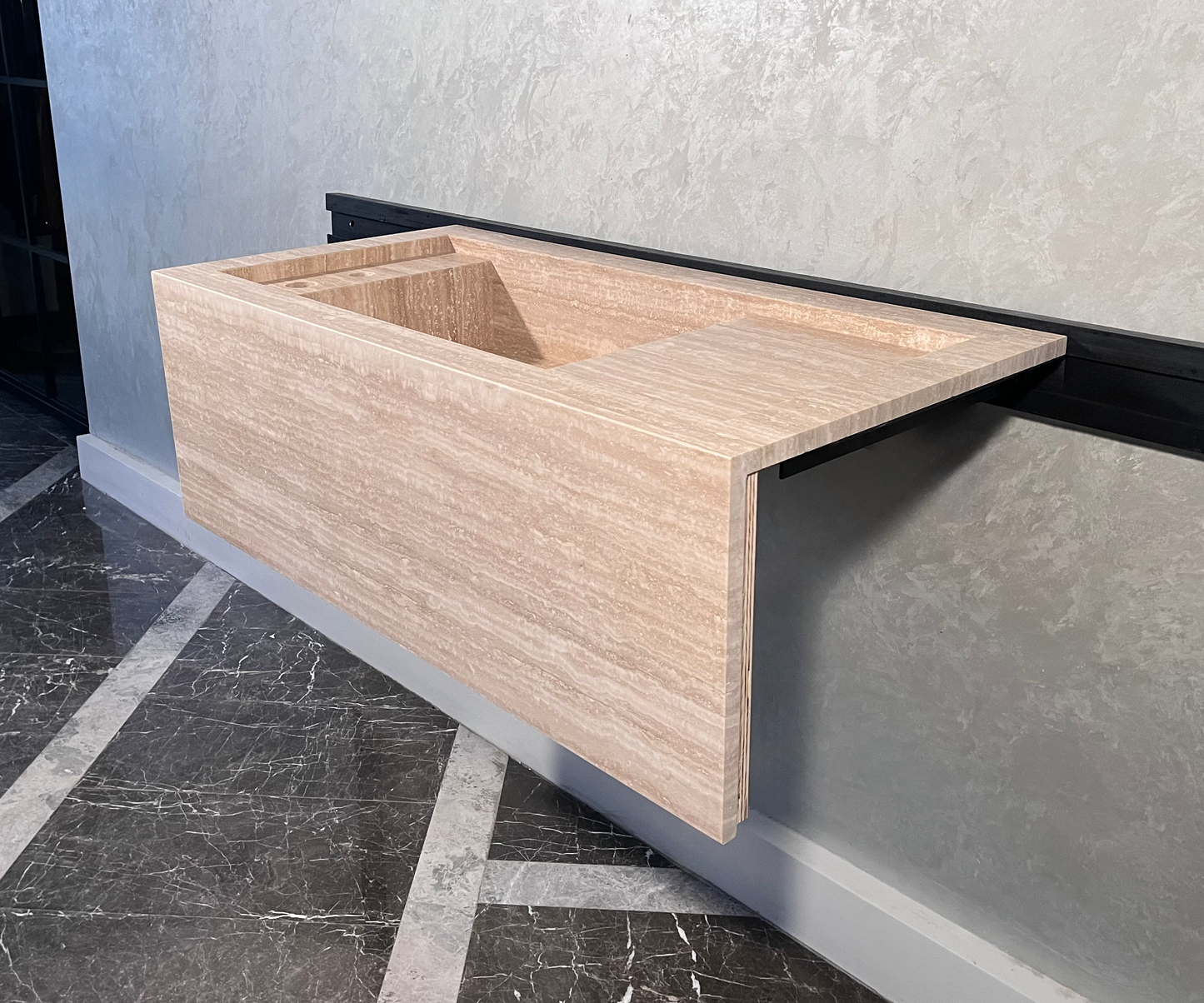 Beige Travertine Stone Handcrafted Custom Bathroom Sink with Natural Stone Veining